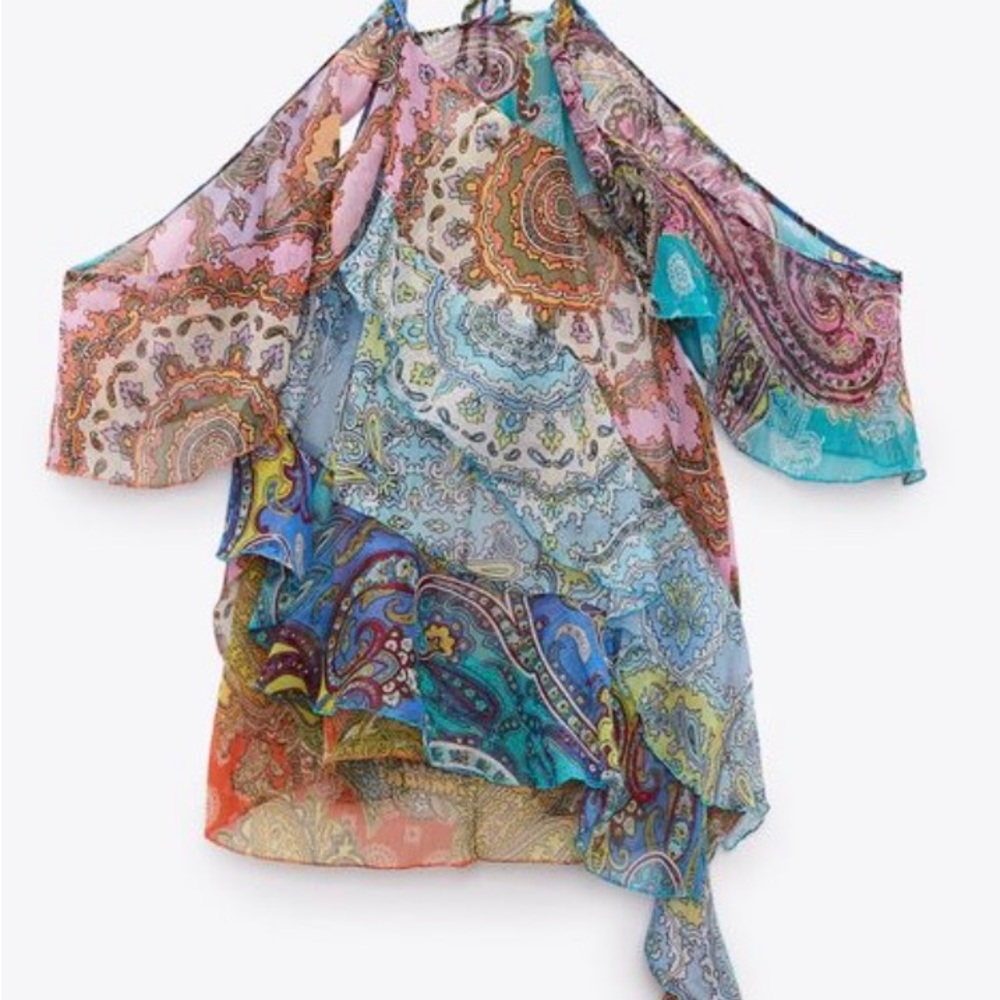 ZARA NWT! multicolour Ruffle halter top,thin straps. Asymmetric hem. Back tie